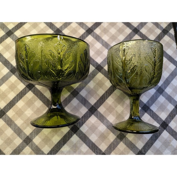 FTD Other - Set of 2 Vintage 1975‎ FTD Olive Green Pressed Glass Goblet & Dessert Coupe